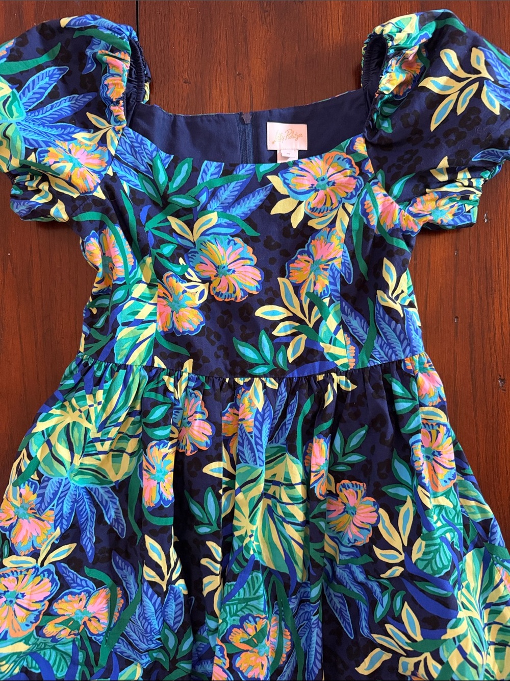 Girls Lilly Pulitzer Navy Floral Puff-Sleeve Dress - Picture 4 of 6